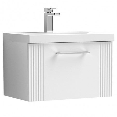 Deco Satin White 600mm Wall Hung Single Drawer Vanity Unit with Mid-Edge Basin