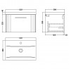 Deco Satin White 600mm Wall Hung Single Drawer Vanity Unit with Mid-Edge Basin - Technical Drawing