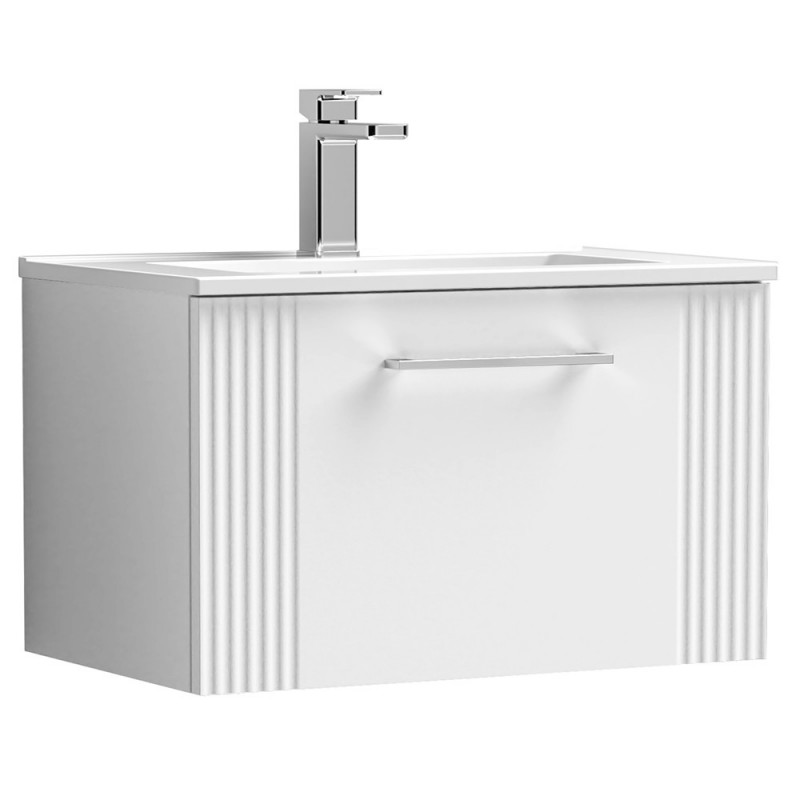 Deco Satin White 600mm Wall Hung Single Drawer Vanity Unit with Minimalist Basin