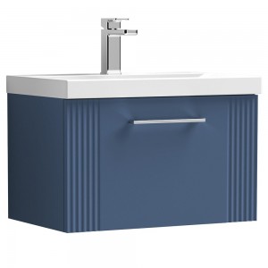 Deco Satin Blue 600mm Wall Hung Single Drawer Vanity Unit with Mid-Edge Basin