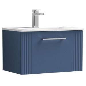 Deco Satin Blue 600mm Wall Hung Single Drawer Vanity Unit with Minimalist Basin