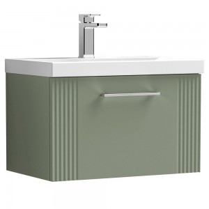 Deco Satin Reed Green 600mm Wall Hung Single Drawer Vanity Unit with Mid-Edge Basin