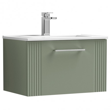 Deco Satin Reed Green 600mm Wall Hung Single Drawer Vanity Unit with Minimalist Basin