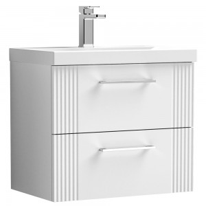 Deco Satin White 600mm Wall Hung 2 Drawer Vanity Unit with Mid-Edge Basin