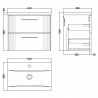 Deco Satin White 600mm Wall Hung 2 Drawer Vanity Unit with Mid-Edge Basin - Technical Drawing