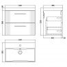 Deco Satin White 600mm Wall Hung 2 Drawer Vanity Unit with Thin-Edge Basin - Technical Drawing