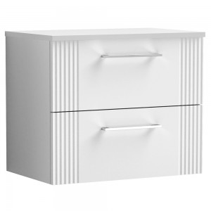Deco Satin White 600mm Wall Hung 2 Drawer Vanity Unit with Worktop