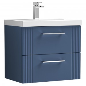 Deco Satin Blue 600mm Wall Hung 2 Drawer Vanity Unit with Mid-Edge Basin