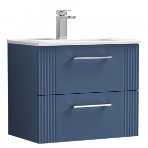 Deco Satin Blue 600mm Wall Hung 2 Drawer Vanity Unit with Minimalist Basin