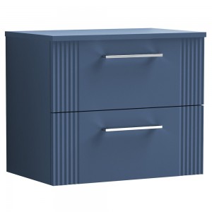 Deco Satin Blue 600mm Wall Hung 2 Drawer Vanity Unit with Worktop