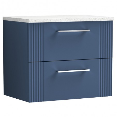 Deco Satin Blue 600mm Wall Hung 2 Drawer Vanity Unit with Laminate Top