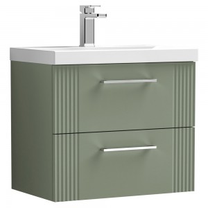 Deco Satin Reed Green 600mm Wall Hung 2 Drawer Vanity Unit with Mid-Edge Basin