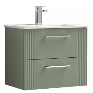 Deco Satin Reed Green 600mm Wall Hung 2 Drawer Vanity Unit with Minimalist Basin
