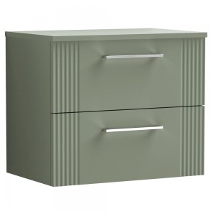 Deco Satin Reed Green 600mm Wall Hung 2 Drawer Vanity Unit with Worktop