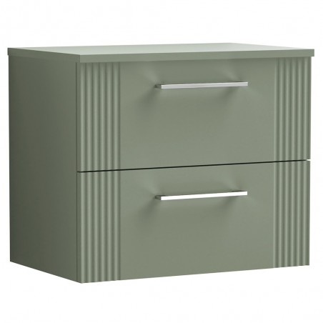 Deco Satin Reed Green 600mm Wall Hung 2 Drawer Vanity Unit with Worktop