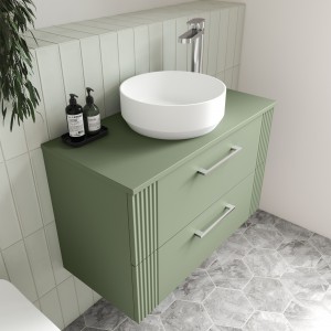 "Deco" Satin Reed Green 600mm Wall Hung 2 Drawer Vanity Unit with Worktop