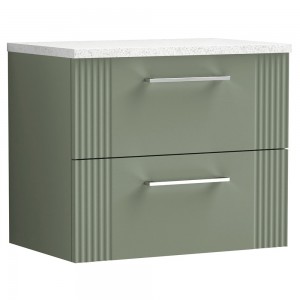 Deco Satin Reed Green 600mm Wall Hung 2 Drawer Vanity Unit with Laminate Top