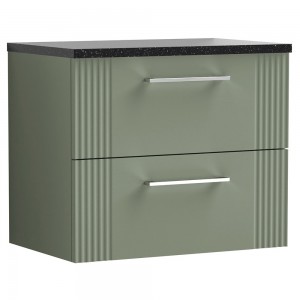 Deco Satin Reed Green 600mm Wall Hung 2 Drawer Vanity Unit with Laminate Top