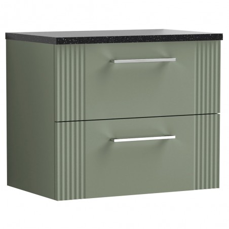 Deco Satin Reed Green 600mm Wall Hung 2 Drawer Vanity Unit with Laminate Top