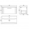 Deco Satin White 800mm Wall Hung Single Drawer Vanity Unit with Mid-Edge Basin - Technical Drawing