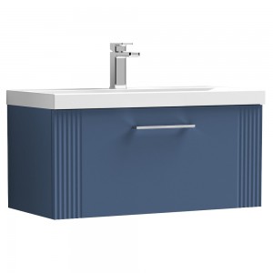 Deco Satin Blue 800mm Wall Hung Single Drawer Vanity Unit with Mid-Edge Basin