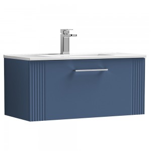 Deco Satin Blue 800mm Wall Hung Single Drawer Vanity Unit with Minimalist Basin