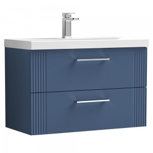 Deco Satin Blue 800mm Wall Hung 2 Drawer Vanity Unit with Mid-Edge Basin
