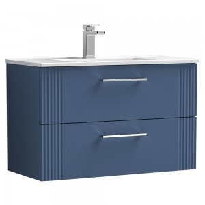 Deco Satin Blue 800mm Wall Hung 2 Drawer Vanity Unit with Minimalist Basin