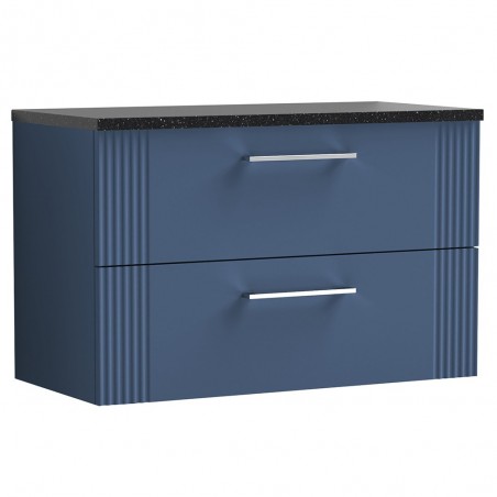 Deco Satin Blue 800mm Wall Hung 2 Drawer Vanity Unit with Laminate Top