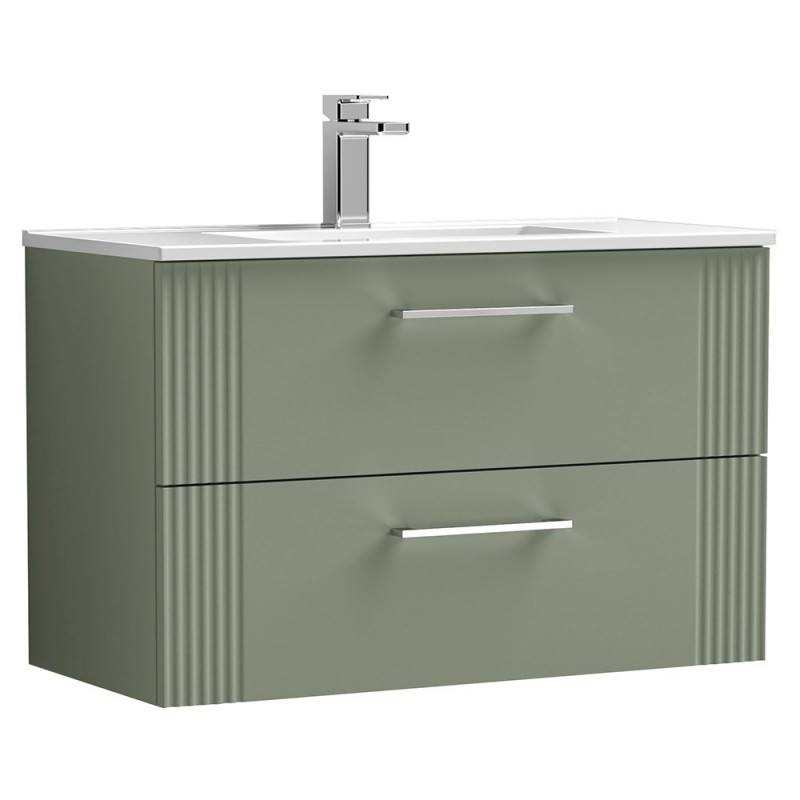 Deco Satin Reed Green 800mm Wall Hung 2 Drawer Vanity Unit with Minimalist Basin
