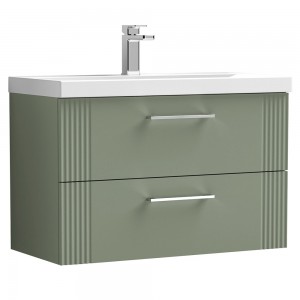 Deco Satin Reed Green 800mm Wall Hung 2 Drawer Vanity Unit with Thin-Edge Basin