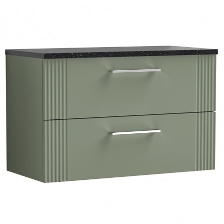 Deco Satin Reed Green 800mm Wall Hung 2 Drawer Vanity Unit with Laminate Top