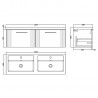 Deco Satin Blue 1200mm Wall Hung 2 Drawer Vanity Unit with Double Basin - Technical Drawing
