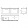 Deco 1200mm Wall Hung 2 Drawer Vanity Unit with Double Basin - Soft Black - Technical Drawing