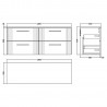 Deco Satin White 1200mm Wall Hung 4 Drawer Vanity Unit with Worktop - Technical Drawing