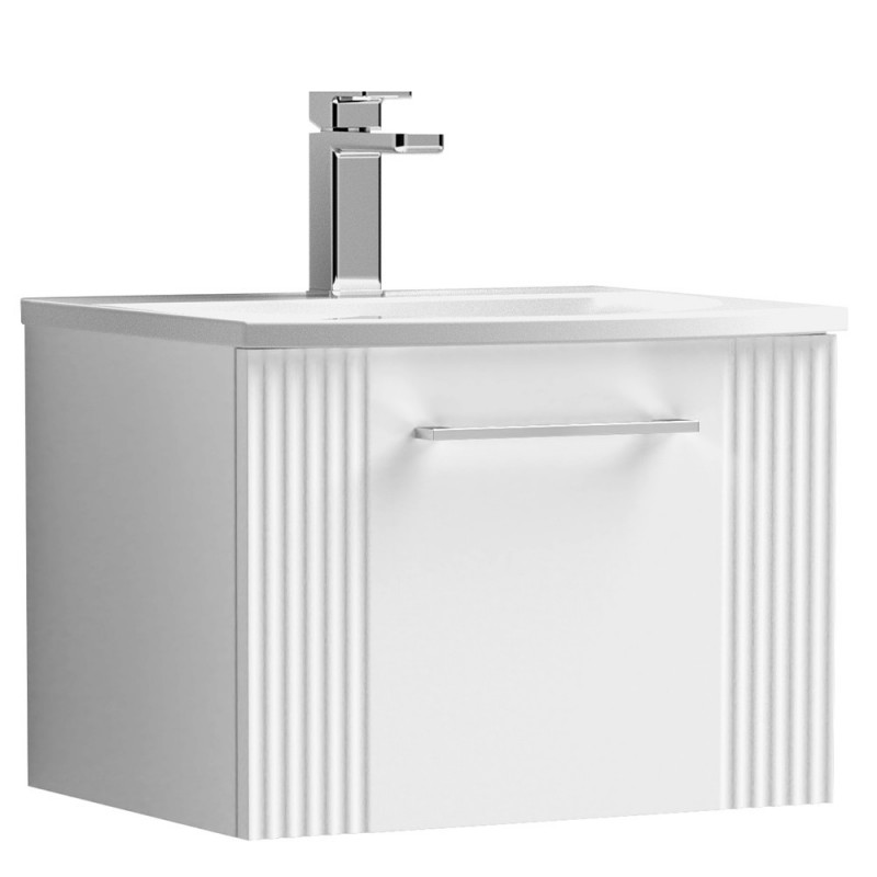 Deco Satin White 500mm Wall Hung Single Drawer Vanity Unit with Curved Basin