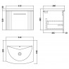 Deco Satin Blue 500mm Wall Hung Single Drawer Vanity Unit with Curved Basin - Technical Drawing