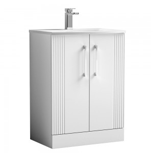 Deco Satin White 600mm Freestanding 2 Door Vanity Unit with Curved Basin