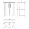 Deco Satin White 600mm Freestanding 2 Door Vanity Unit with Curved Basin - Technical Drawing