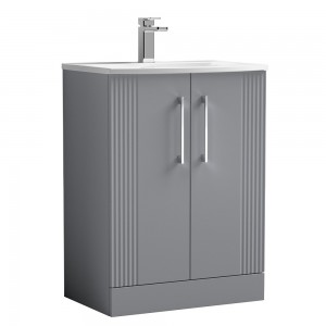 Deco Satin Grey 600mm Freestanding 2 Door Vanity Unit with Curved Basin
