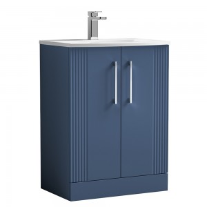 Deco Satin Blue 600mm Freestanding 2 Door Vanity Unit with Curved Basin