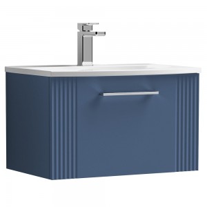 Deco Satin Blue 600mm Wall Hung Single Drawer Vanity Unit with Curved Basin