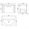 Deco 600mm Wall Hung Single Drawer Vanity Unit with Curved Basin - Soft Black - Technical Drawing