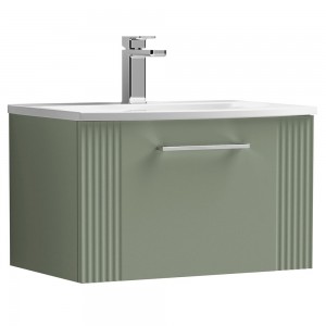 Deco Satin Reed Green 600mm Wall Hung Single Drawer Vanity Unit with Curved Basin