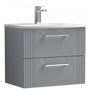 Deco Satin Grey 600mm Wall Hung 2 Drawer Vanity Unit with Curved Basin