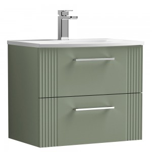 Deco Satin Reed Green 600mm Wall Hung 2 Drawer Vanity Unit with Curved Basin
