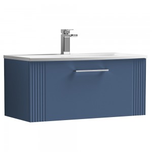 Deco Satin Blue 800mm Wall Hung Single Drawer Vanity Unit with Curved Basin