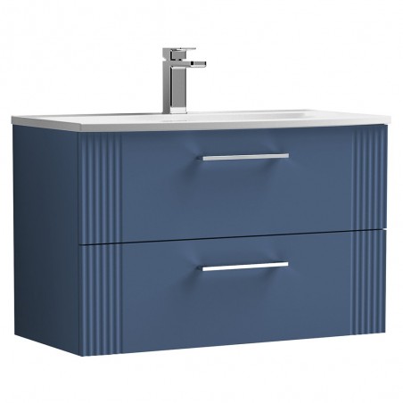 Deco Satin Blue 800mm Wall Hung 2 Drawer Vanity Unit with Curved Basin