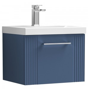 Deco Satin Blue 500mm Wall Hung Single Drawer Vanity Unit with Mid-Edge Basin