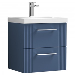 Deco Satin Blue 500mm Wall Hung 2 Drawer Vanity Unit with Mid-Edge Basin